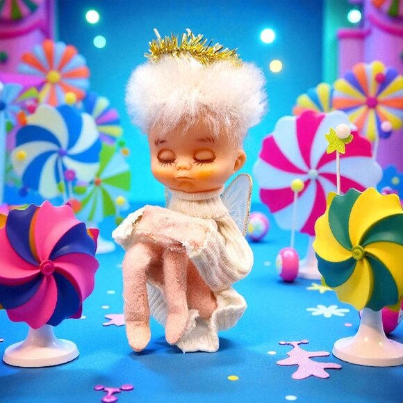 Vintage 1950s Shabby Pixie Angel Ornament Felt Knee Hugger Tinsel Sleepy Eyes - Picture 1 of 9